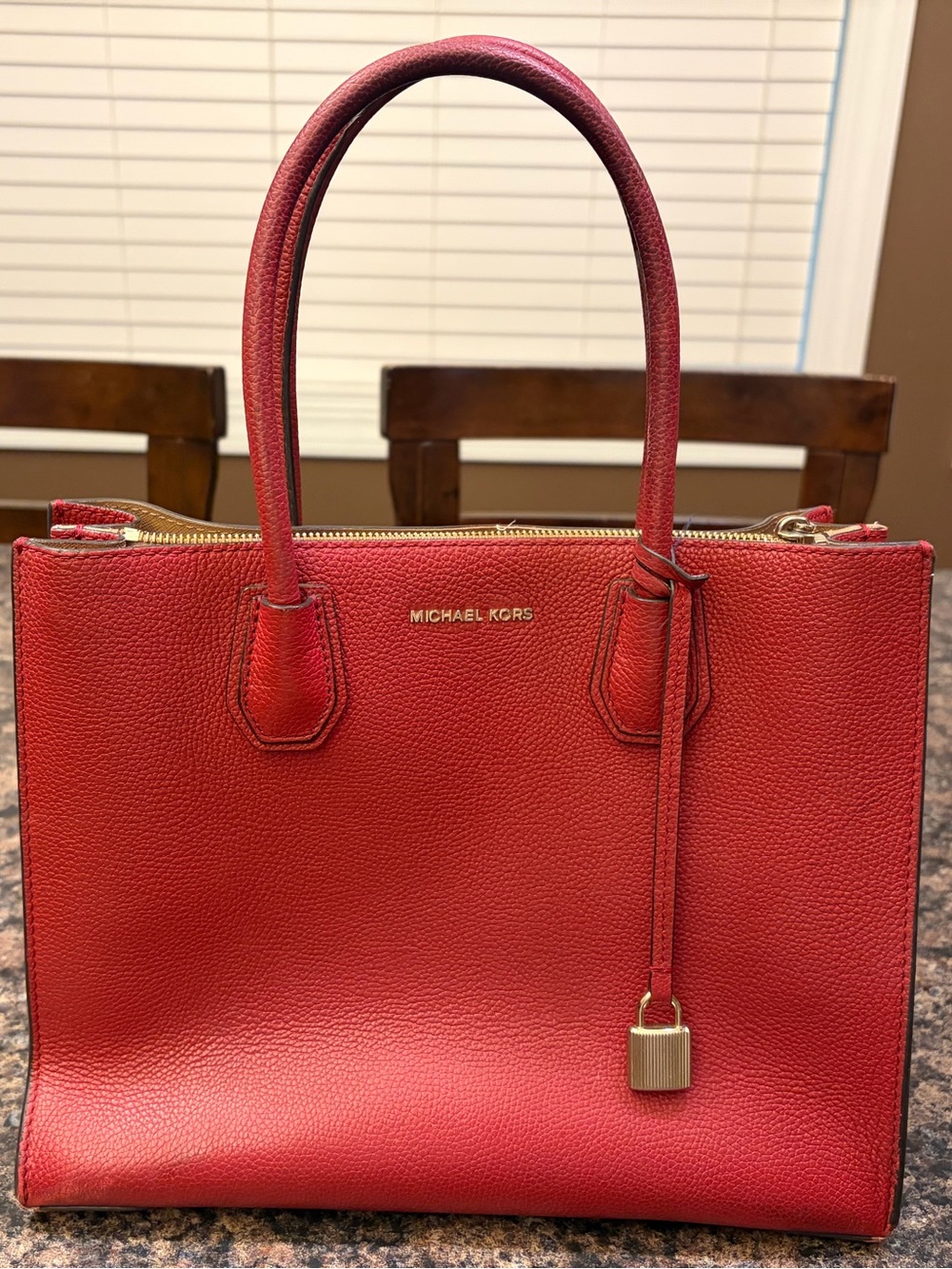 Michael Kors Red Pebbled Leather Tote with Gold Hardware